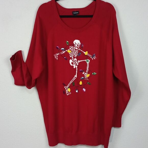 Torrid Womens Red Festive  Christmas Skeleton Sweater sz 3 ( L) - Picture 2 of 12